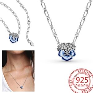 Sterling Silver 925 Blue White Flower Rhinestone Cable Chain Necklace